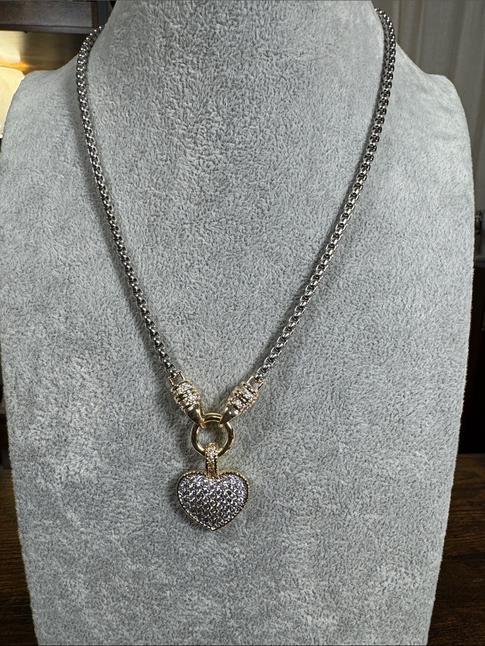 Heart Pavé Pendant Necklace - Two-Tone Silver & Gold Stainless Steel